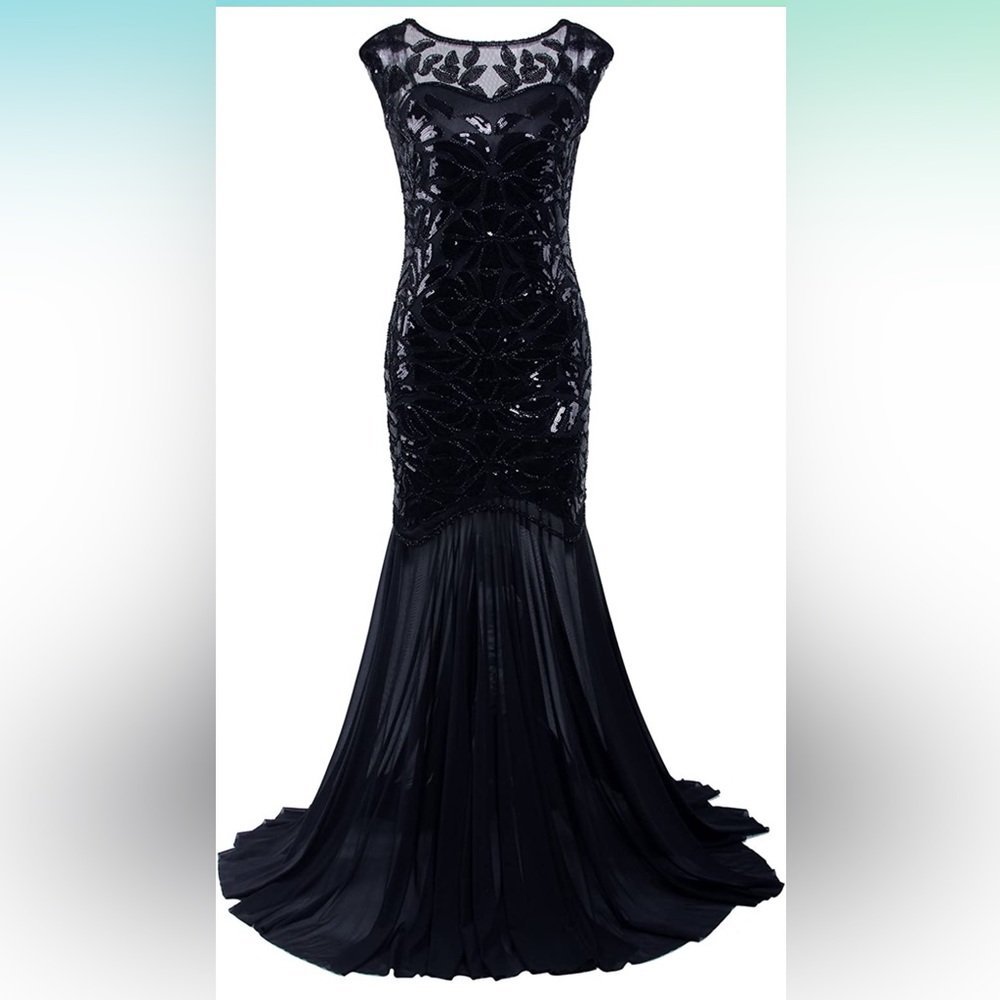 Long 1920’s Style Beaded Sequin V Neck Back Dress